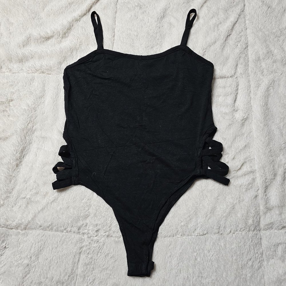 Style Biz Black Tank Top Bodysuit with Hip Cut Outs L